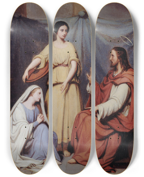Triptych art skateboard deck of Hendrik Scheffer Jsus Chez Marthe Et Marie by Hendrik Scheffer (1798-1862)