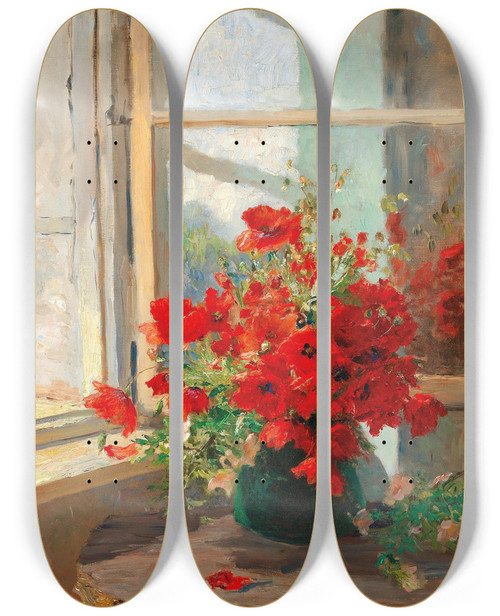 Triptych art skateboard deck of Olga Wisingerflorian A Bouquet Of Poppies By The Window by Olga Wisinger-Florian (1844-1926)