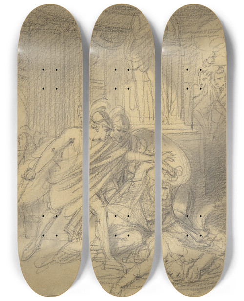 Triptych art skateboard deck of Heinrich Friedrich Fger Two Warriors In Classical Costume Bending Over Two Figures by Heinrich Friedrich Fger (1751-1818)