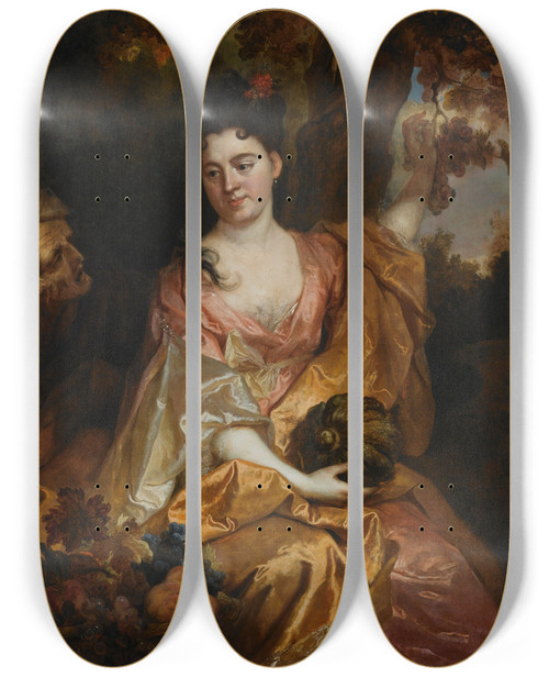 Triptych art skateboard deck of Nicolas De Largillire Portrait Of A Lady Aspomona Beside Her Vertumnus by Nicolas de Largillire (1656-1746)