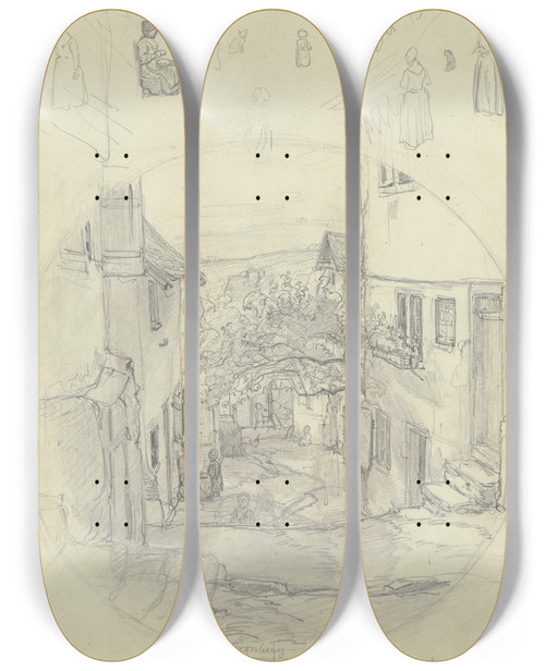 Triptych art skateboard deck of Jakob Frchtegott Dielmann Studienblatt Ansicht Einer Strae In Kronberg Oben Verschiedene Figurenstudien_2 by Jakob Furchtegott Dielmann (1809-1885)