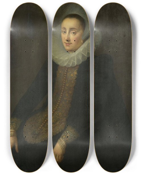 Triptych art skateboard deck of Gortzius Geldorp Lucretia Del Prado Wife Of Jeremias Boudinois by Gortzius Geldorp (1553-1618)