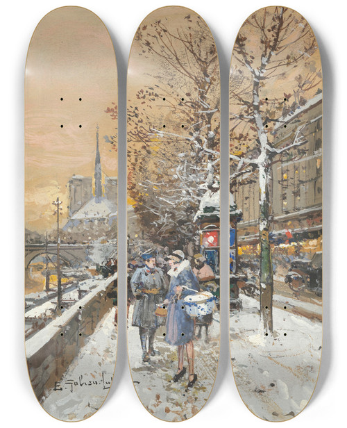 Triptych art skateboard deck of Eugne Galienlaloue An Assignation Along The Seine by Eugene Galien Laloue (1854-1941)