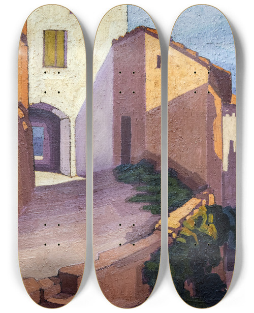 Triptych art skateboard deck of Georges Gaudion Houses In Puycelsi by Georges Gaudion (1885-1942)