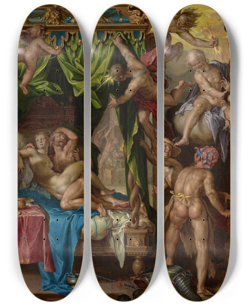 Triptych art skateboard deck of Joachim Wtewael Mars And Venus Surprised By Vulcan_2 by Joachim Wtewael (1566-1638)