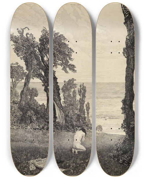 Triptych art skateboard deck of Max Klinger An Die Schnheit Vom Tode Zweiter Theil Opus Xi Blatt 12 by Max Klinger (1857-1920)