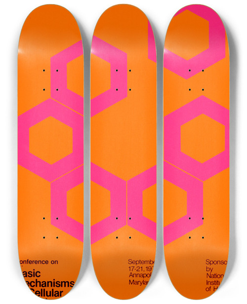 Triptych art skateboard deck of National Institutes Of Health Conference On Basic Mechanisms Of Cellular Secretion by National Institutes Of Health (1887)