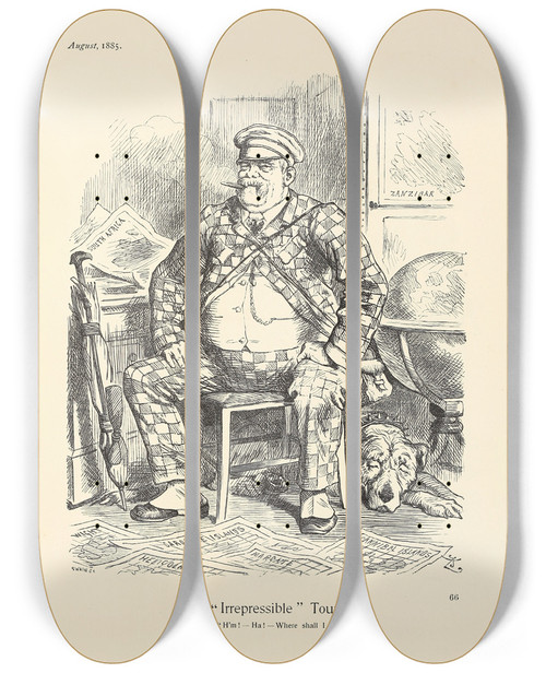 Triptych art skateboard deck of Sir John Tenniel The Irrepressible Tourist by Sir John Tenniel (1820-1914)