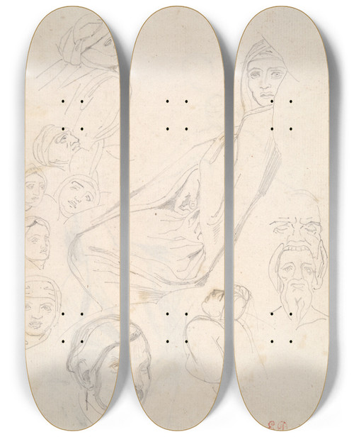 Triptych art skateboard deck of Eugne Delacroix Sheet Of North African Pencilstudies by Eugene Delacroix (1798-1863)