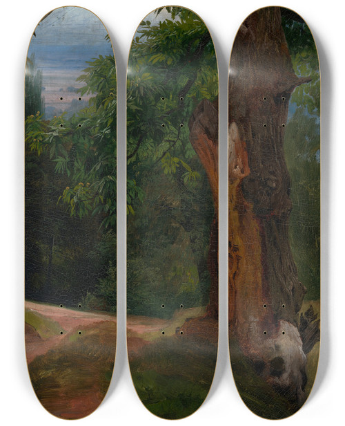 Triptych art skateboard deck of Johann Wilhelm Schirmer Baumstudie Mit Talblick by Johann Wilhelm Schirmer (1807-1863)
