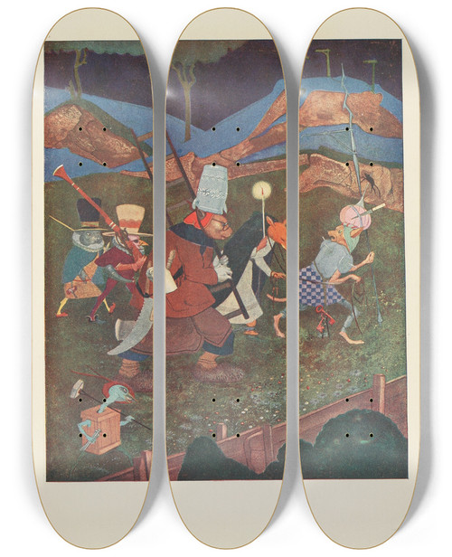 Triptych art skateboard deck of Jean De Bosschre You Have Merited Death A Hundred Times by Jean de Bosschre (1878-1953)
