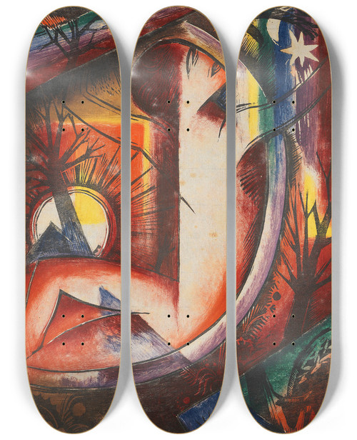 Triptych art skateboard deck of Gottfried Graf Komposition Mit Mensch Und Himmelskrpern by Gottfried Graf (1881-1938)
