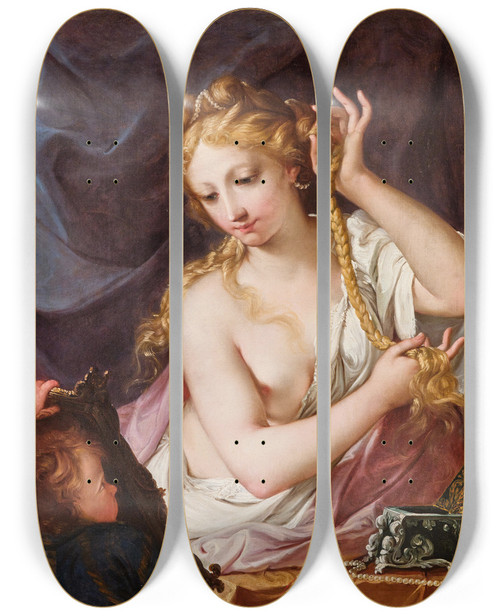 Triptych art skateboard deck of Antonio Bellucci Toilette Of Belinda by Antonio Bellucci (1654-1726)