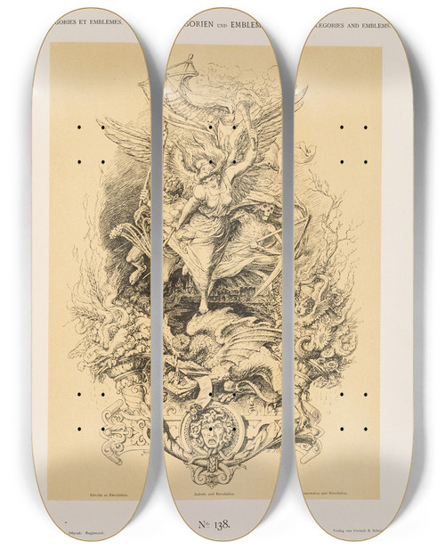 Triptych art skateboard deck of Albert Ilg Allegorien Und Embleme Vol I Pl163 by Albert Ilg (1847-1896)