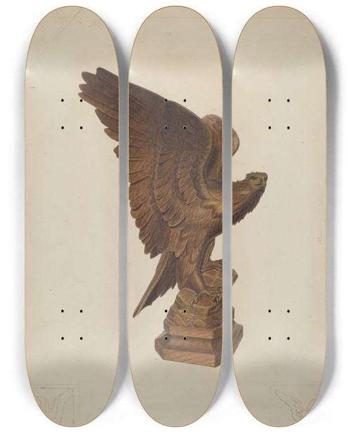 Triptych art skateboard deck of Edward L Loper Carved Eagle by Edward L Loper (1916-2011)