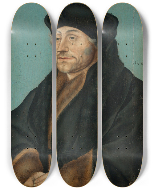 Triptych art skateboard deck of Follower Of Lucas Cranach The Elder Portrait Of Erasmus Of Rotterdam by Follower Of Lucas Cranach The Elder (1472-1553)