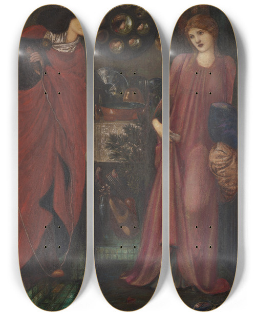 Triptych art skateboard deck of Sir Edward Coley Burnejones Fair Rosamund And Queen Eleanor_2 by Sir Edward Coley Burne-Jones (1833-1898)