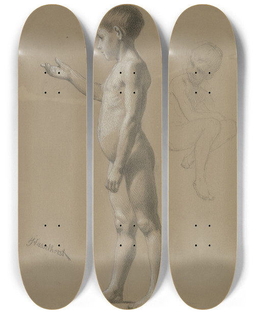 Triptych art skateboard deck of Johann Heinrich Hasselhorst Knabenakt Nach Links Kauernder Kinderakt by Johann Heinrich Hasselhorst (1825-1904)