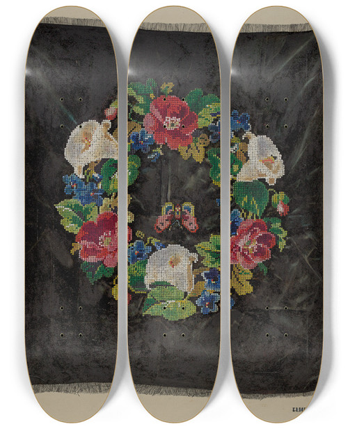 Triptych art skateboard deck of Elmer Weise Cross Stitch by Elmer Weise