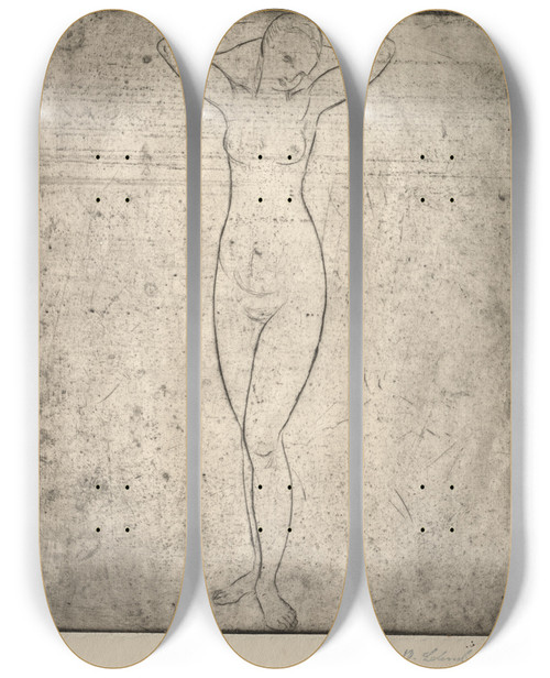Triptych art skateboard deck of Wilhelm Lehmbruck Standing Girl With Arms Behind Her Head by Wilhelm Lehmbruck (1881-1919)