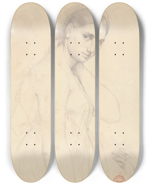 Triptych art skateboard deck of Jean Auguste Dominique Ingres Study For Raphael And The Fornarina by Jean Auguste Dominique Ingres (1780-1867)