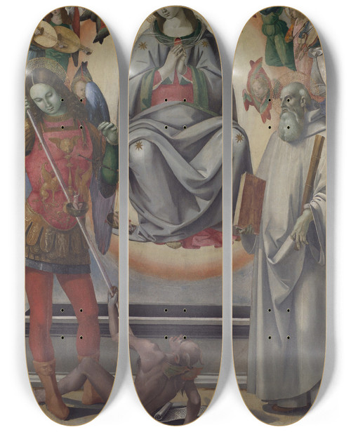 Triptych art skateboard deck of Luca Signorelli The Assumption Of The Virgin With Saints Michael And Benedict by Luca Signorelli (1470-1523)