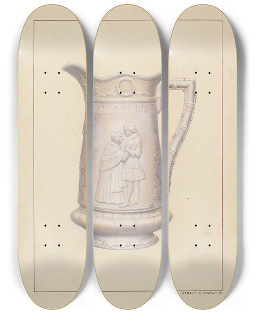 Triptych art skateboard deck of Ernest A Towers Jr Bisque Water Pitcher by Ernest A Towers Jr (20-)