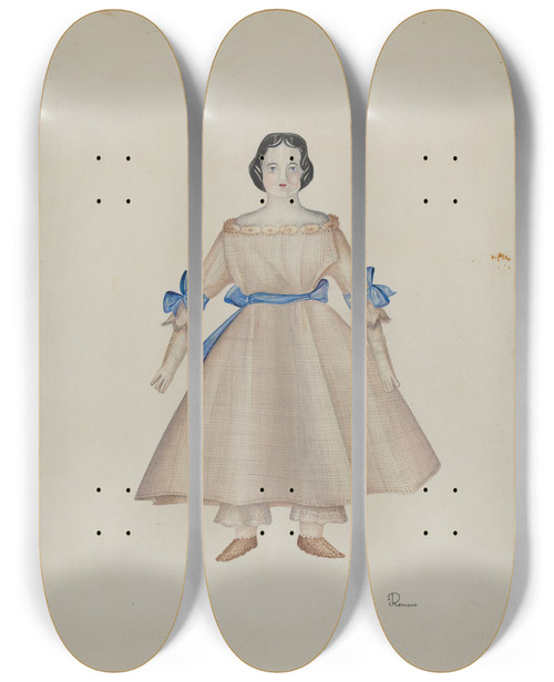 Triptych art skateboard deck of Josephine C Romano Doll Mary by Josephine C Romano