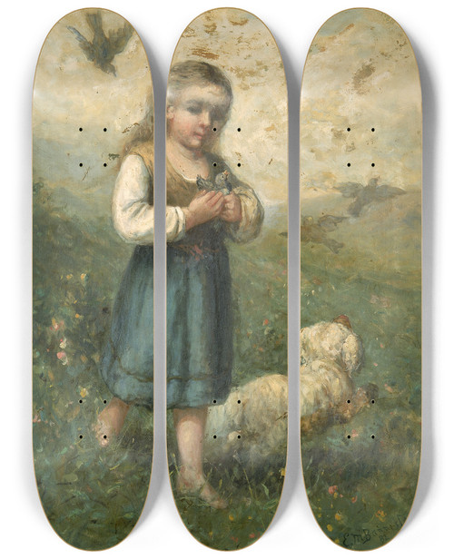 Triptych art skateboard deck of Edward Mitchell Bannister Child With Birds And Dog by Edward Mitchell Bannister (1828-1901)
