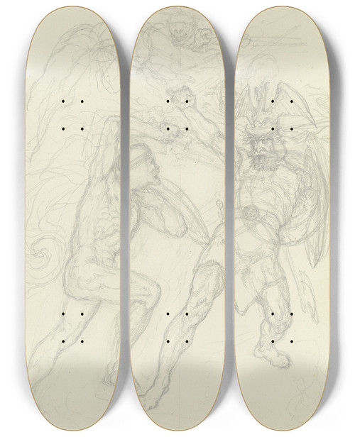 Triptych art skateboard deck of Ferdinand Fellner Zwei Kmpfende Krieger Macbeth Und Macduff by Ferdinand Fellner (1799-1859)