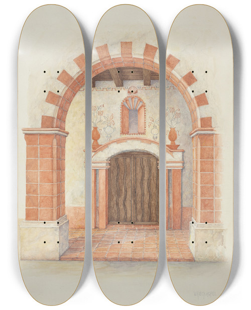 Triptych art skateboard deck of William Kieckhofel Restoration Drawing Main Doorway Arch To Mission House by William Kieckhofel (20-)