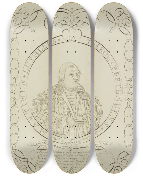 Triptych art skateboard deck of Pierrejeanpaul Berny De Nogent Portrait Of Martin Luther by Pierre-Jean-Paul Berny de Nogent
