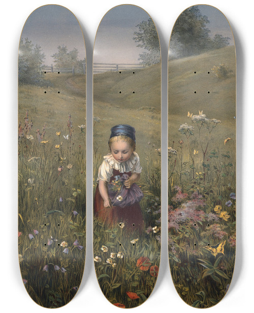 Triptych art skateboard deck of Ludwig Knaus Spring Flowers by Ludwig Knaus (1829-1921)