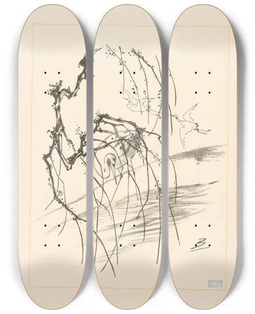 Triptych art skateboard deck of Flix Bracquemond Grues Derrire Une Branche Darbre by Felix Bracquemond (1833-1914)