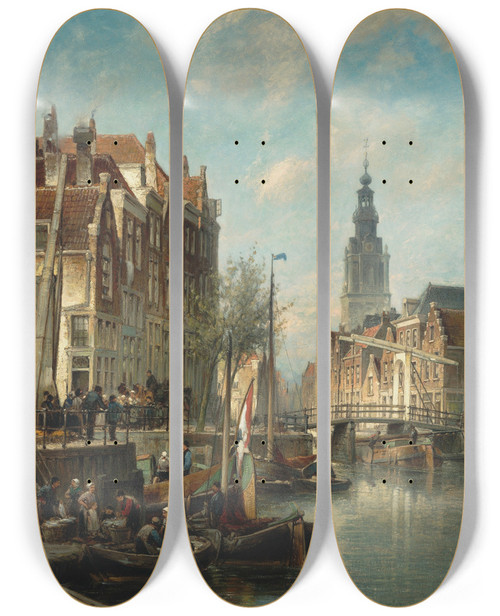 Triptych art skateboard deck of Cornelis Christiaan Dommelshuizen Figures And Ships On An Amsterdam Canal With The Zuiderkerk In The Background by Cornelis Christiaan Dommelshuizen (1842-1928)
