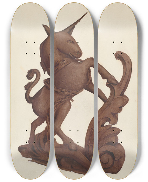 Triptych art skateboard deck of Alice Stearns Unicorn by Alice Stearns