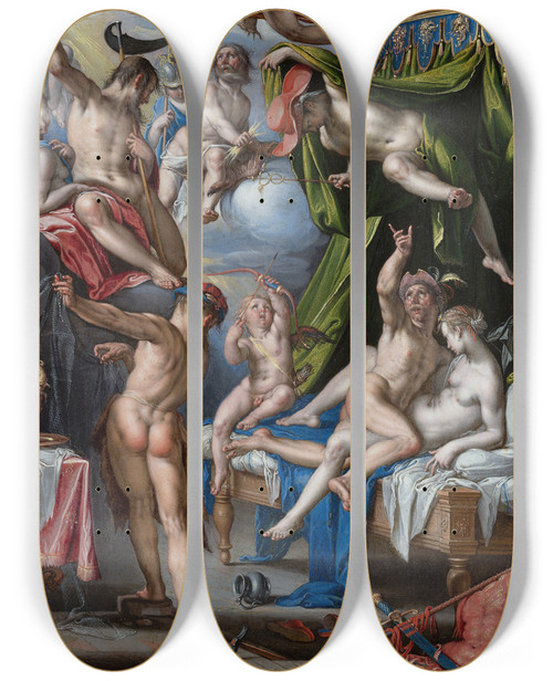 Triptych art skateboard deck of Joachim Wtewael Mars And Venus Surprised By Vulcan_1 by Joachim Wtewael (1566-1638)