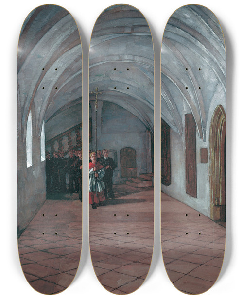 Triptych art skateboard deck of Wilhelm Trbner Prozession Im Kreuzgang In Seeon by Wilhelm Trubner (1851-1917)