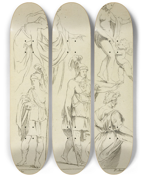 Triptych art skateboard deck of Peter Paul Rubens Various Figures Including Roman Soldiers And Partially Draped Male And Female Nudes by Peter Paul Rubens (1577-1640)