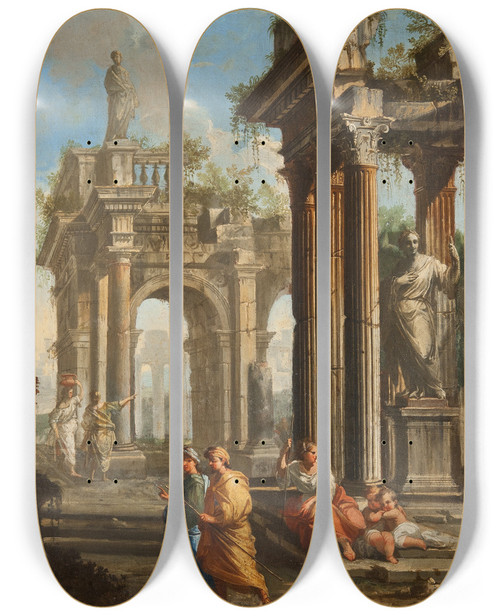 Triptych art skateboard deck of Alberto Carlieri Classical Buildings With Columns Ii by Alberto Carlieri (1672-1720)