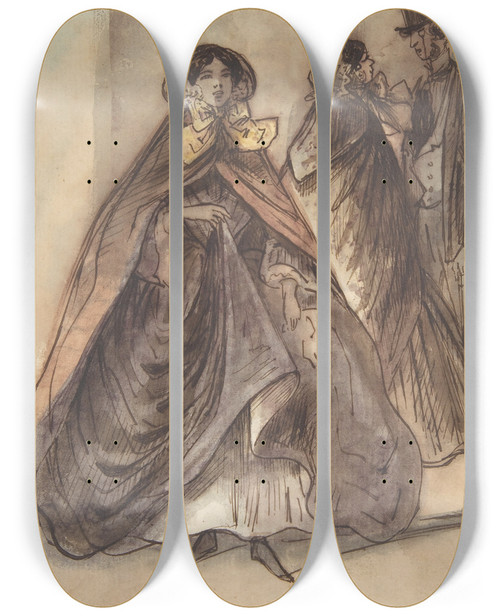 Triptych art skateboard deck of Constantin Guys Two Women And A Man With A Top Hat And A Monocle by Constantin Guys (1805-1892)