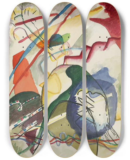 Triptych art skateboard deck of Wassily Kandinsky Draft For Picture With A White Border I by Wassily Kandinsky (1866-1944)