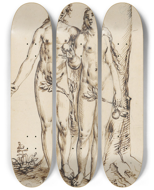 Triptych art skateboard deck of Niklaus Bock Adam Und Eva by Niklaus Bock (1580-1624)
