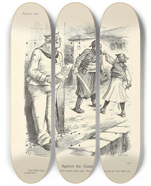 Triptych art skateboard deck of Sir John Tenniel Against The Grain by Sir John Tenniel (1820-1914)