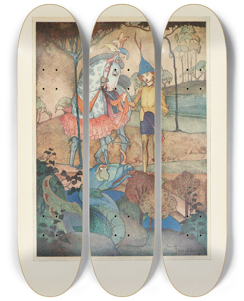 Triptych art skateboard deck of Jean De Bosschre An Immense Dragon Lying By The Waterside by Jean de Bosschre (1878-1953)