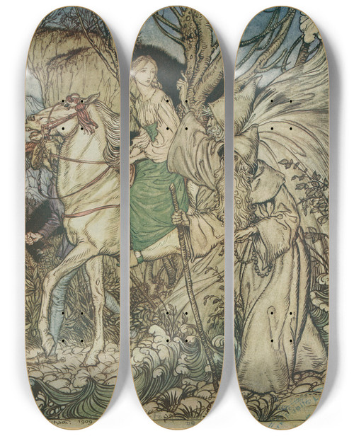 Triptych art skateboard deck of Arthur Rackham Little Niece Said Khleborn Forget Not That I Am Here With Thee As A Guide by Arthur Rackham (1867-1939)