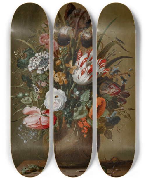 Triptych art skateboard deck of Jacob Marrel Roses Tulips An Iris And Other Flowers In A Stoneware Vase On A Ledge With A Lizard Stag Beetle And Snail by Jacob Marrel (1613-1681)