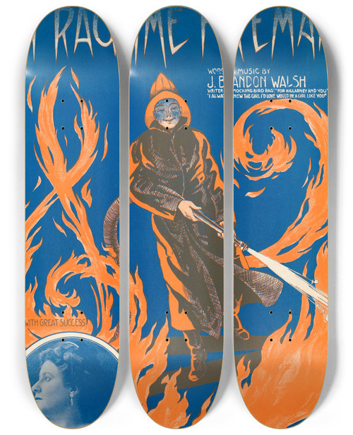 Triptych art skateboard deck of Andr De Takacs My Ragtime Fireman by Andre De Takacs (1880-1919)