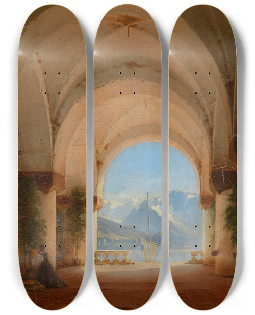 Triptych art skateboard deck of August Von Bayer Ausblick Aus Einem Kreuzgang by August Von Bayer (1803-1875)