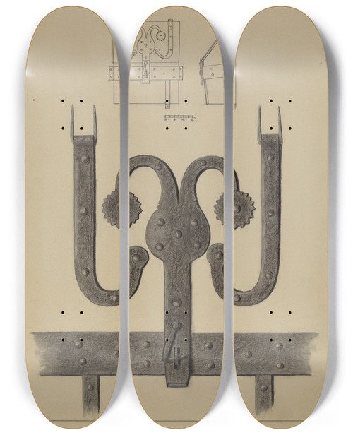 Triptych art skateboard deck of Herman Bader Pa German Hinges And Hasp On A Conestoga Wagon Tool Box by Herman Bader